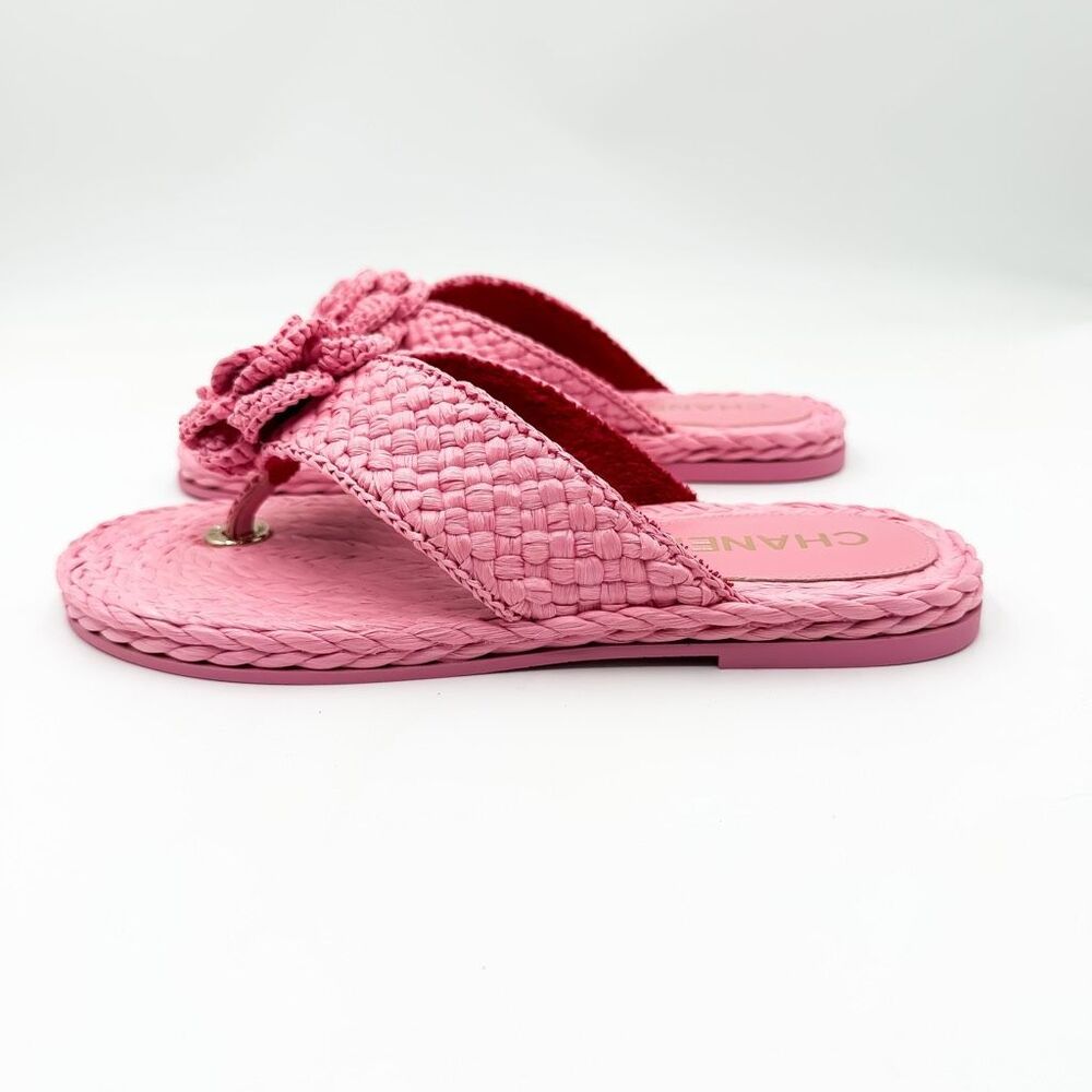 Chanel CC Raffia Camellia Flower Flat Sandals EU 37.5 - Picture 5 of 14